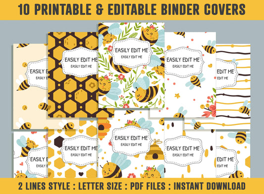 Honey Bee Binder Cover, 10 Printable & Editable Binder Covers + Spines, Bee Planner Covers, Teacher/School Binder Labels, Folder Inserts