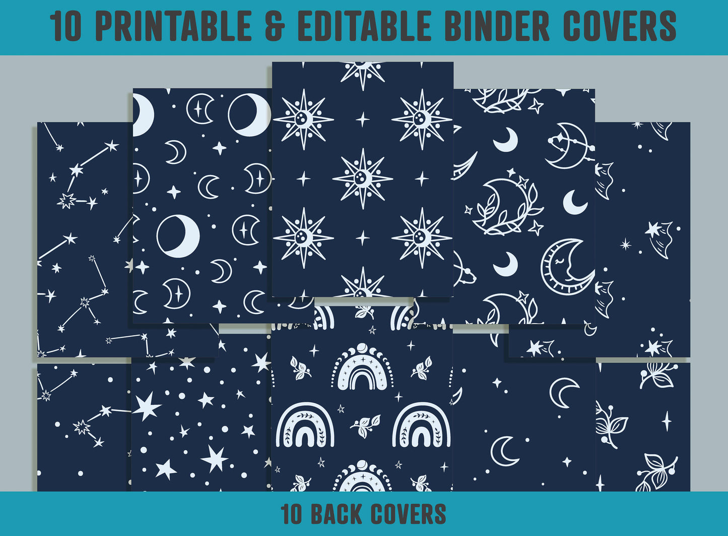 Moon, Rainbow, Stars Binder Cover, 10 Printable & Editable Binder Covers+Spines, Planner Covers, Teacher/School Binder Label, Folder Insert