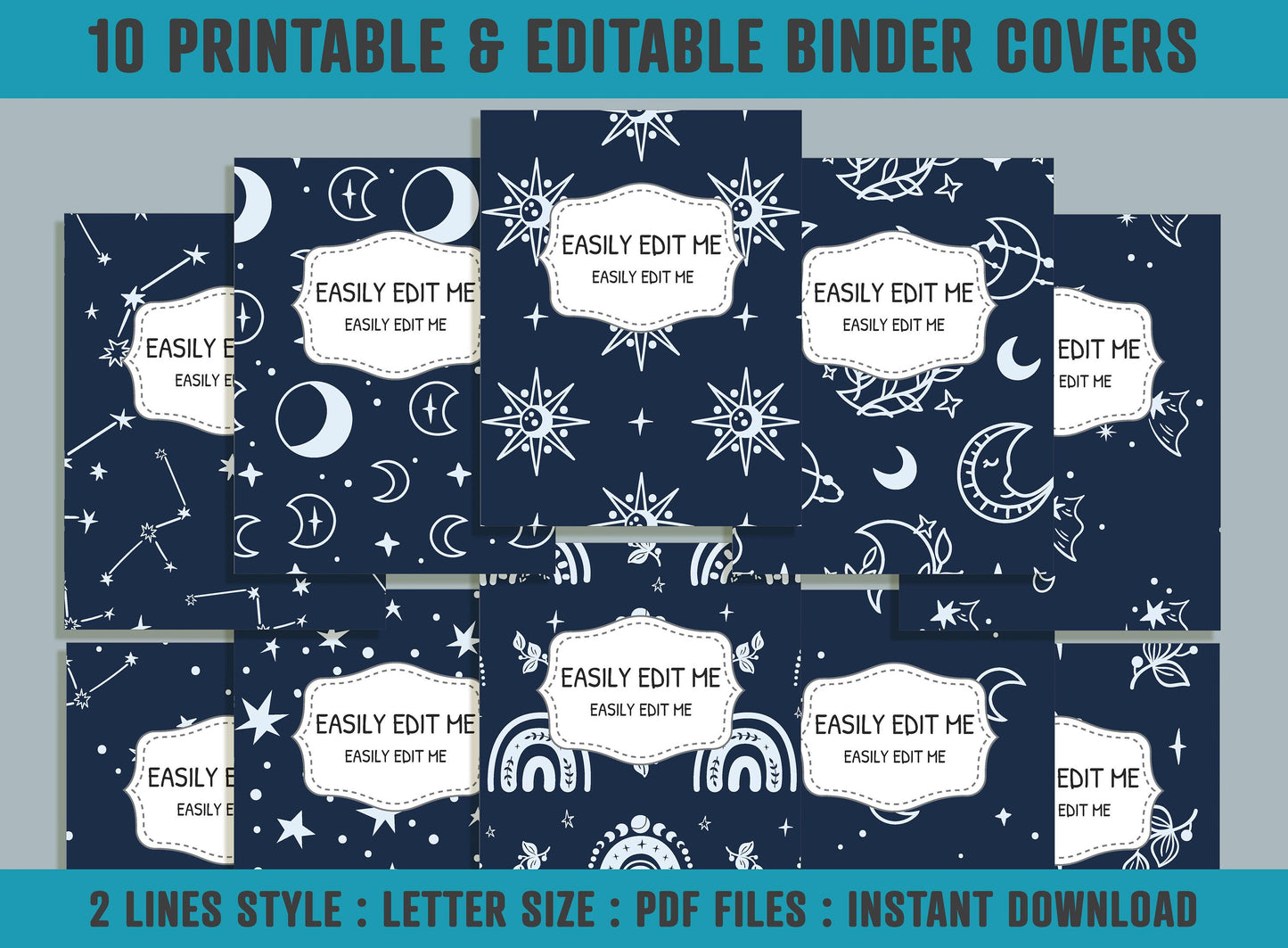 Moon, Rainbow, Stars Binder Cover, 10 Printable & Editable Binder Covers+Spines, Planner Covers, Teacher/School Binder Label, Folder Insert