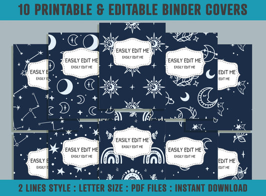 Moon, Rainbow, Stars Binder Cover, 10 Printable & Editable Binder Covers+Spines, Planner Covers, Teacher/School Binder Label, Folder Insert