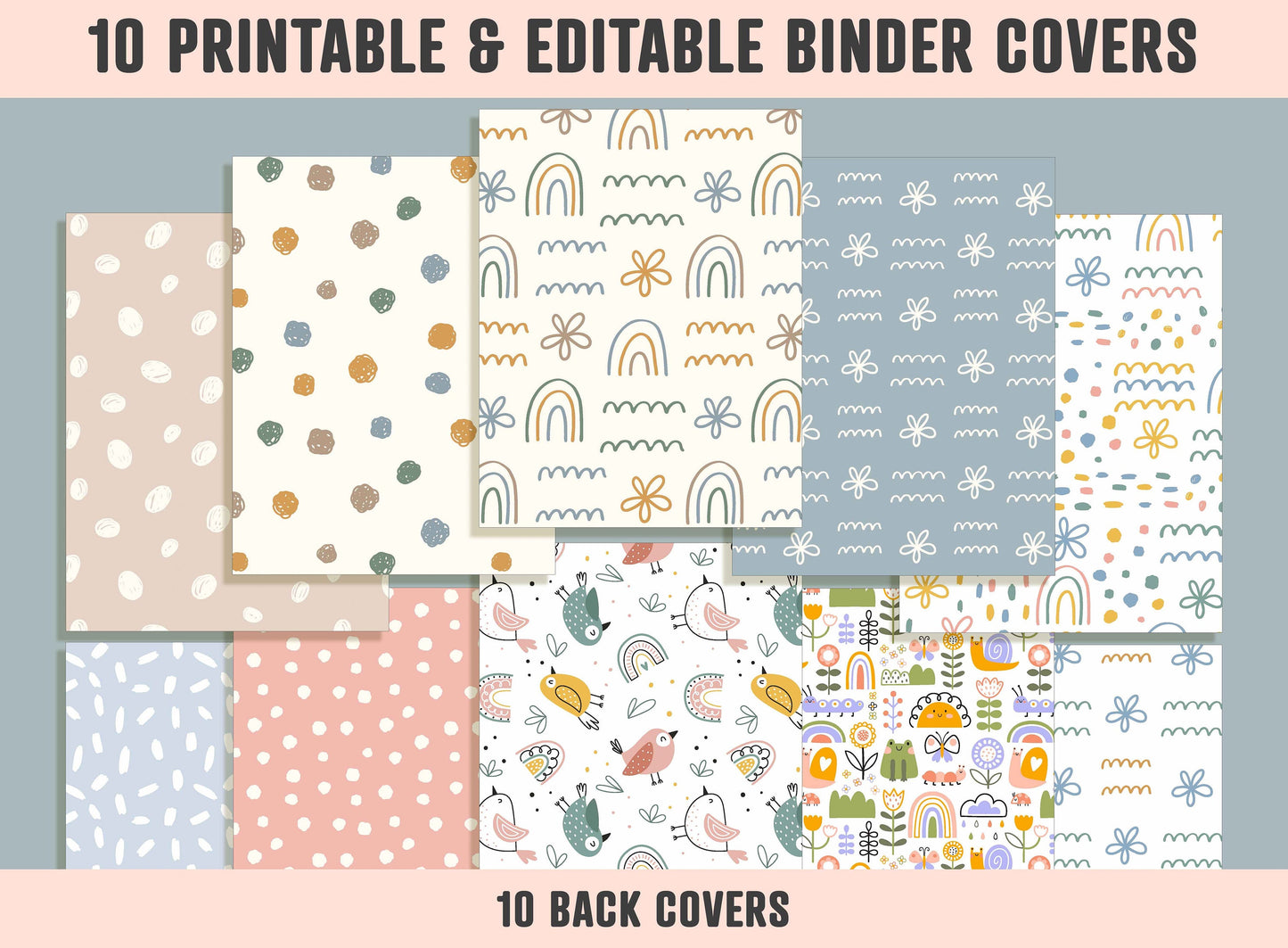 Rainbows Flowers Abstract Geometric Binder Cover, 10 Printable/Editable Covers+Spines, Planner Template, Teacher/School Binder Label/Insert