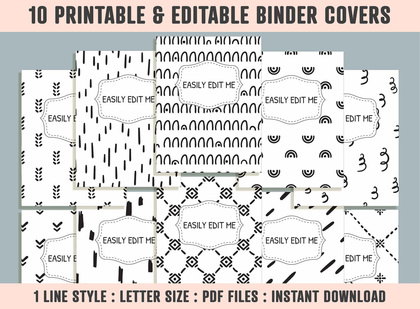 Black and White Abstract Shapes Binder Cover, 10 Printable/Editable Binder Covers+Spines, Teacher/School Binder Label, Planner/Folder Insert