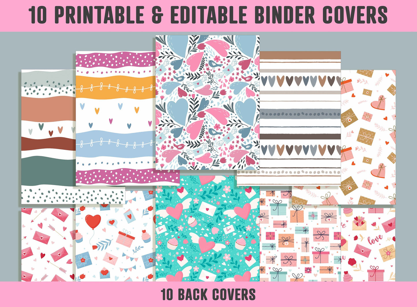 Dots and Hearts Binder Cover, 10 Printable/Editable Binder Covers + Spines, Valentine Planner Template Teacher/School Binder Label/Insert