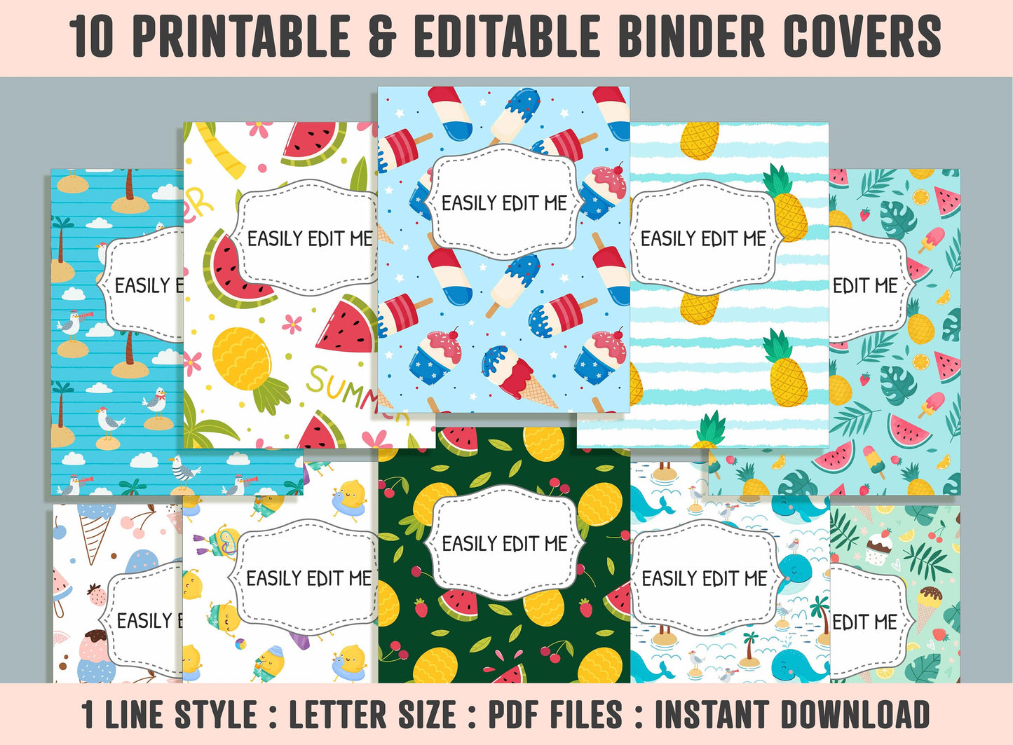 Summer Pattern Binder Cover, 10 Printable/Editable Binder Covers + Spines, Watermelon Planner Template Teacher/School Binder Label/Insert