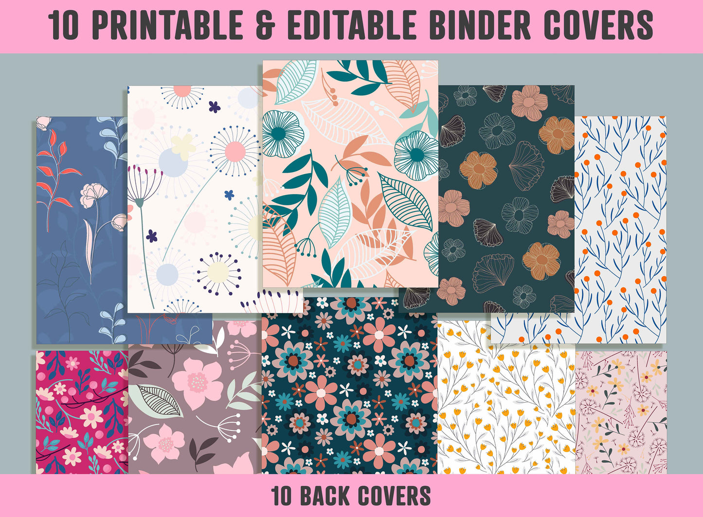Stylist Floral and Flower Binder Cover, 10 Printable & Editable Binder Covers + Spines, Teacher/School Binder Labels, Planner/Folder Inserts