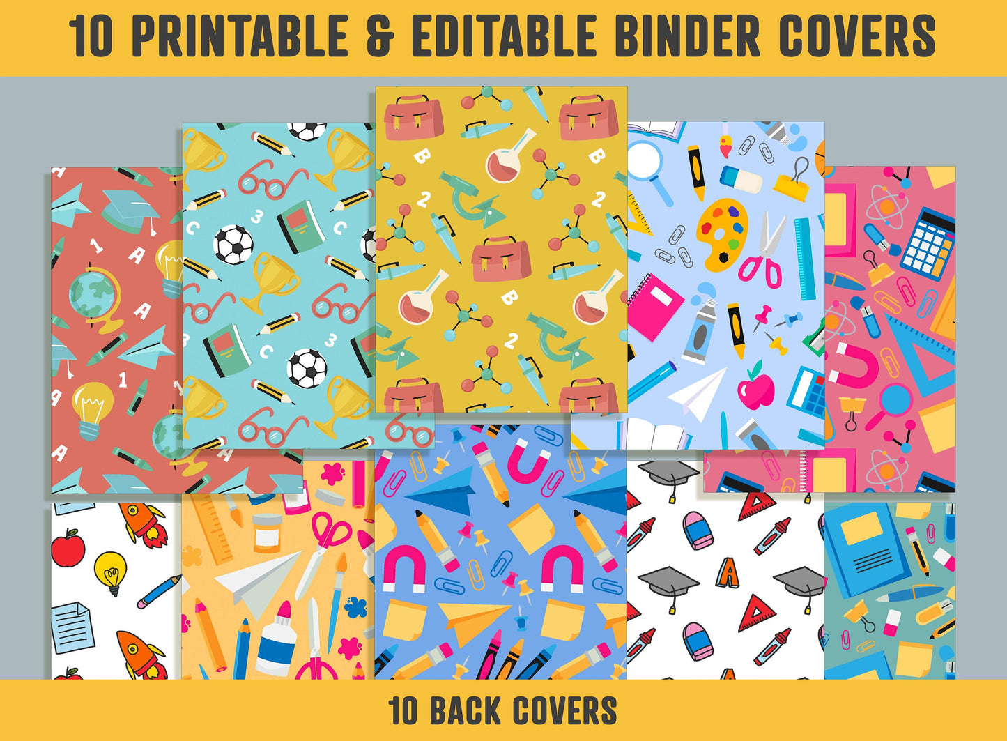 Back To School Pattern Binder Cover, 10 Printable/Editable Binder Covers+Spines, Student Planner Template Teacher/School Binder Label/Insert