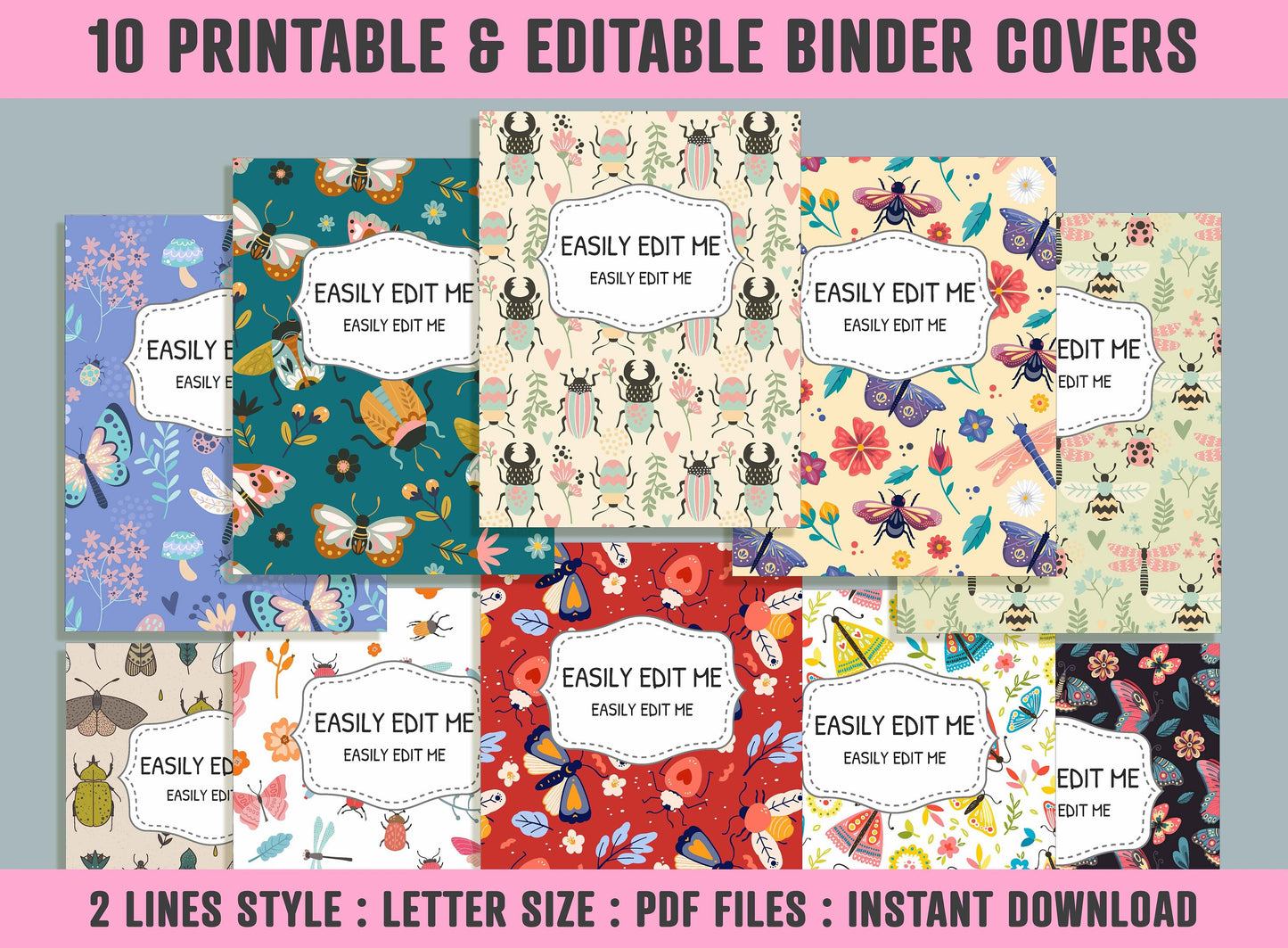 Insects and Flowers Binder Cover, 10 Printable & Editable Binder Covers + Spines, Planner Template, Teacher/School Binder Labels/Inserts