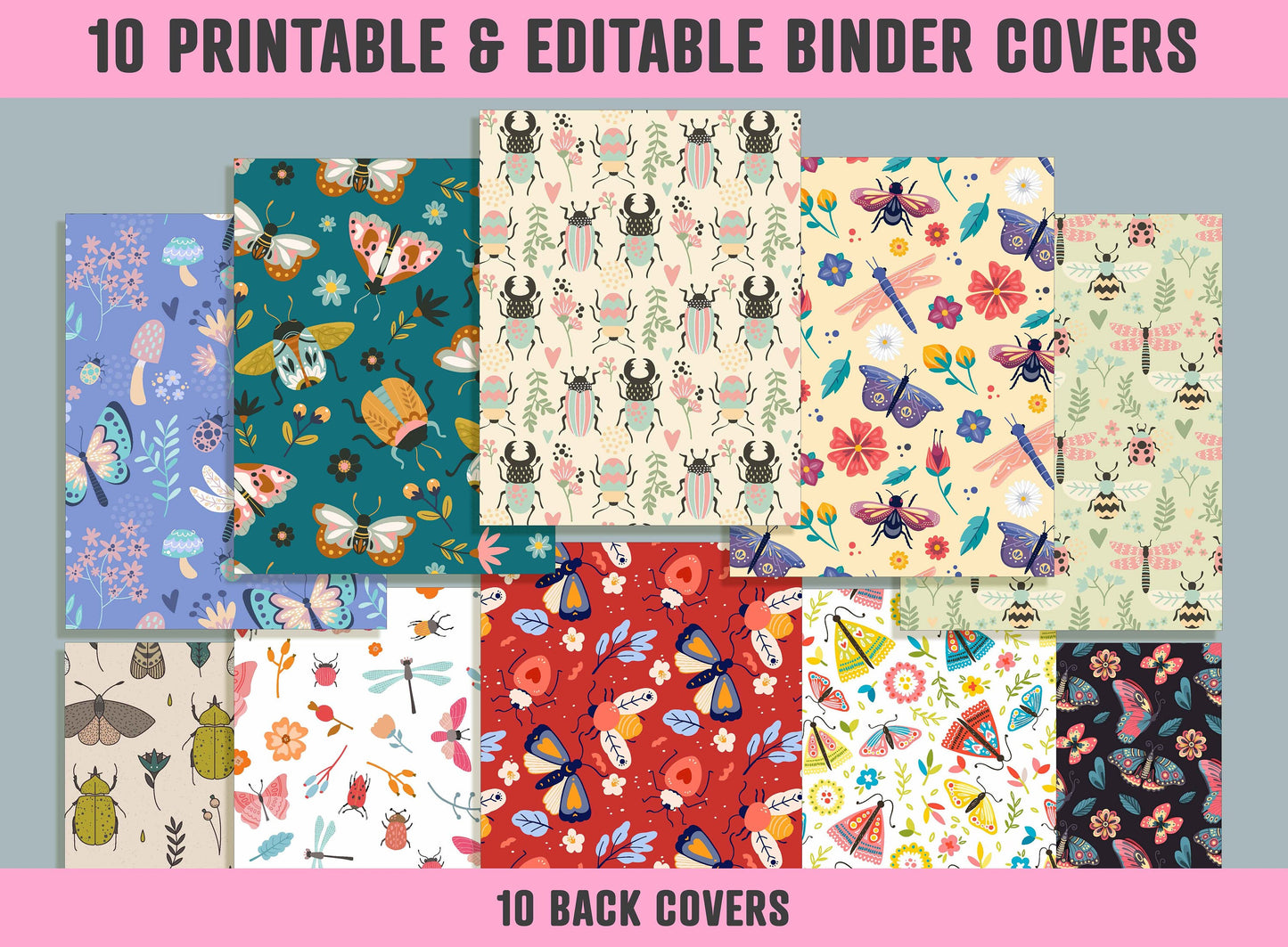 Insects and Flowers Binder Cover, 10 Printable & Editable Binder Covers + Spines, Planner Template, Teacher/School Binder Labels/Inserts
