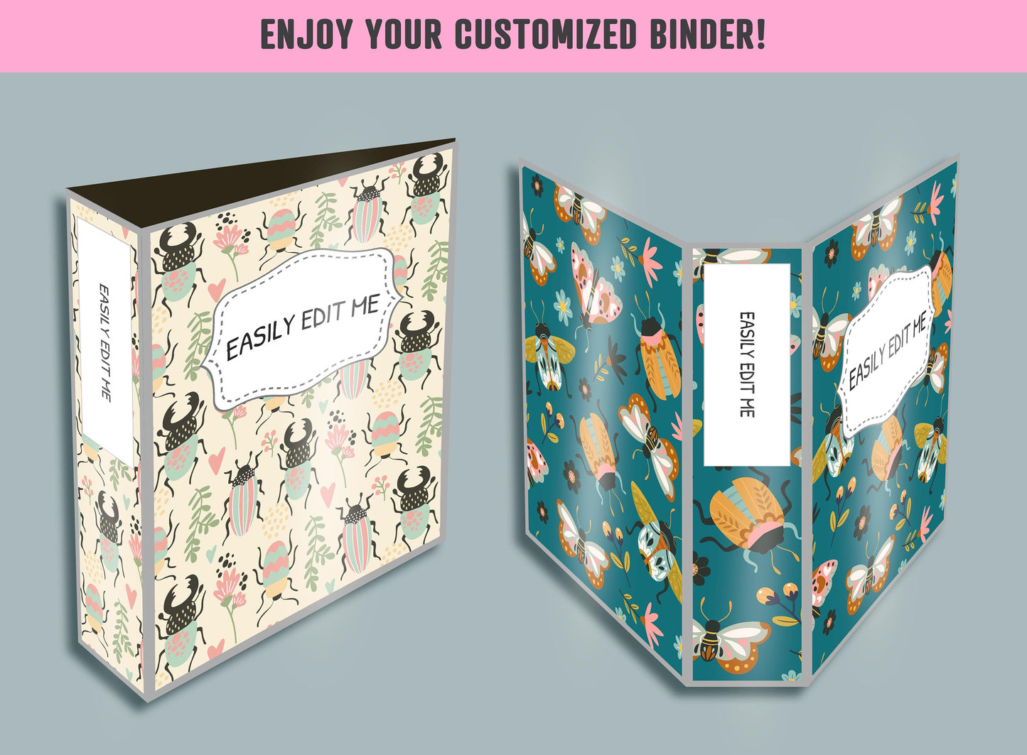 Insects and Flowers Binder Cover, 10 Printable & Editable Binder Covers + Spines, Planner Template, Teacher/School Binder Labels/Inserts
