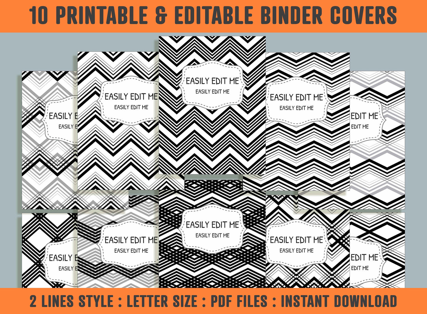 Zig Zag Black and White Binder Cover, 10 Printable/Editable Covers + Spines, Geometric Planner Template, Teacher/School Binder Label/Insert