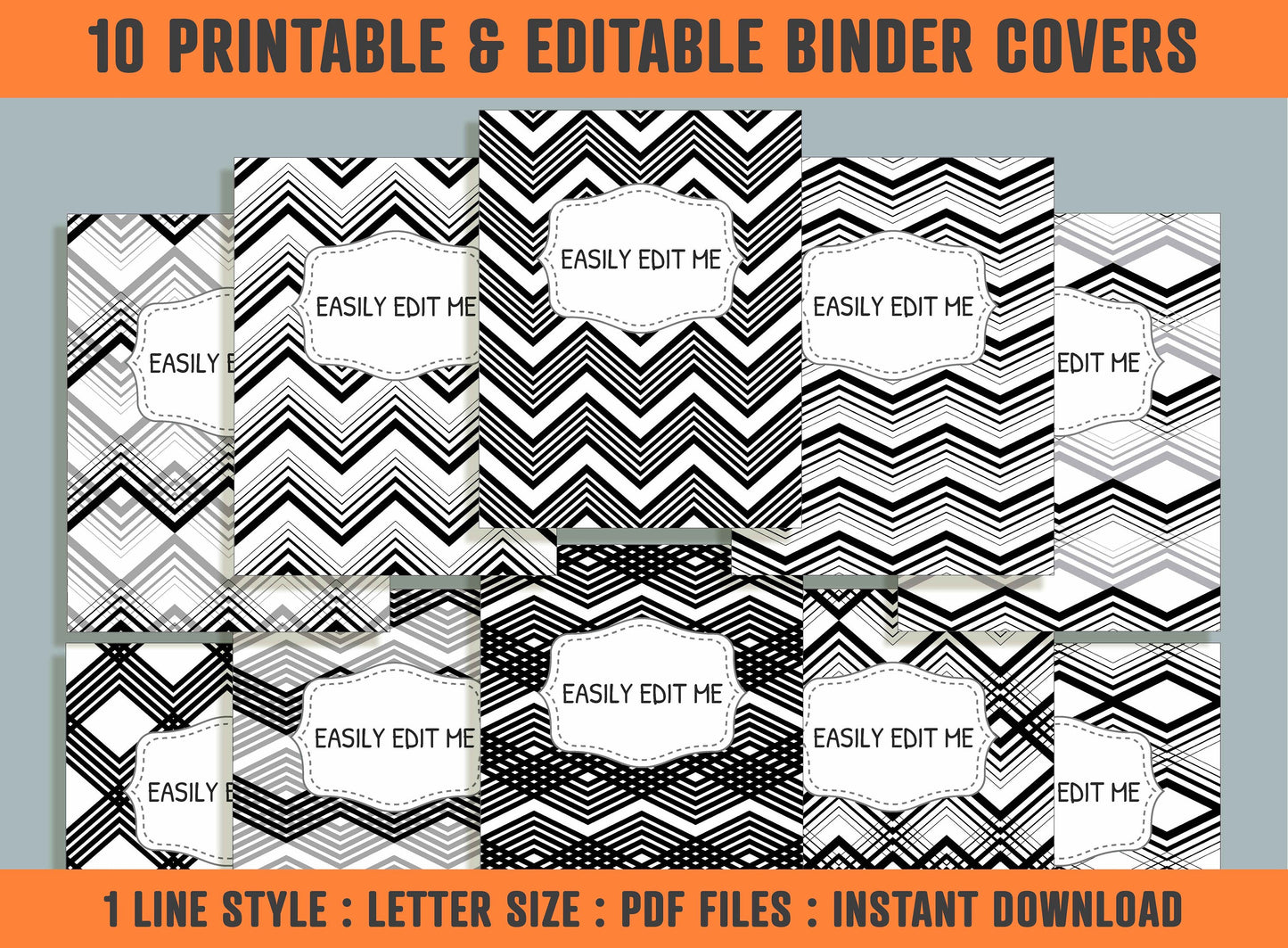 Zig Zag Black and White Binder Cover, 10 Printable/Editable Covers + Spines, Geometric Planner Template, Teacher/School Binder Label/Insert