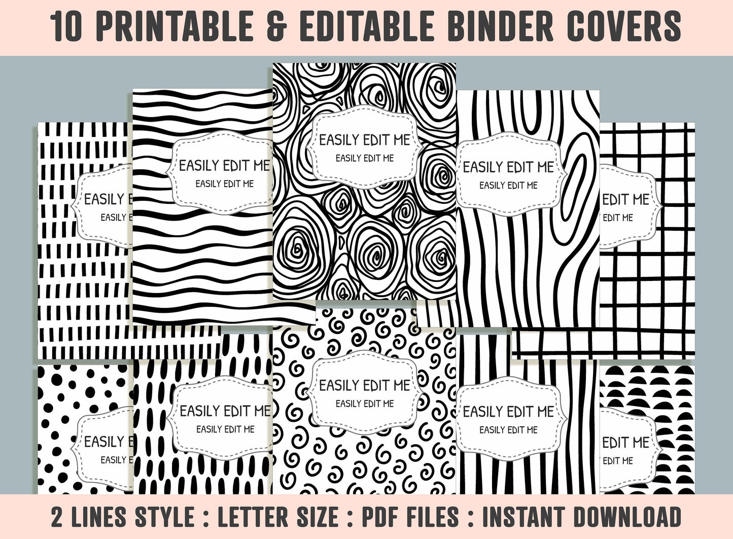 Abstract Vector Binder Cover, 10 Printable/Editable Binder Covers+Spines, Black & White Planner Template, Teacher/School Binder Label/Insert