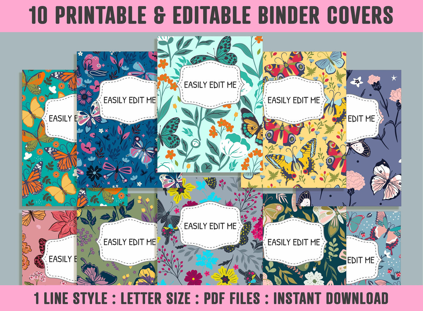 Butterflies Binder Cover, 10 Printable/Editable Binder Covers+Spines, Butterfly/Flower Planner Template, Teacher/School Binder Label/Insert