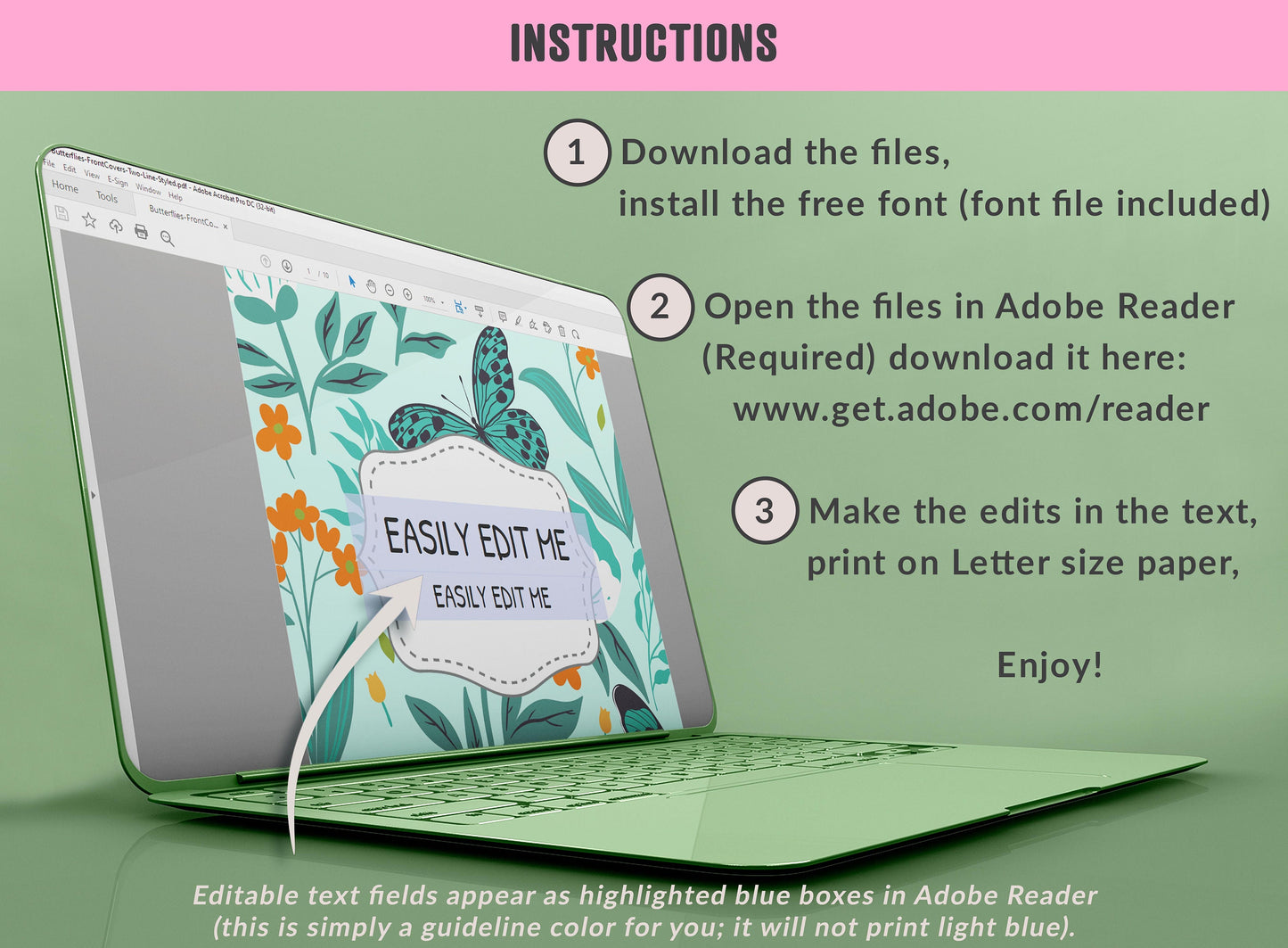 Butterflies Binder Cover, 10 Printable/Editable Binder Covers+Spines, Butterfly/Flower Planner Template, Teacher/School Binder Label/Insert