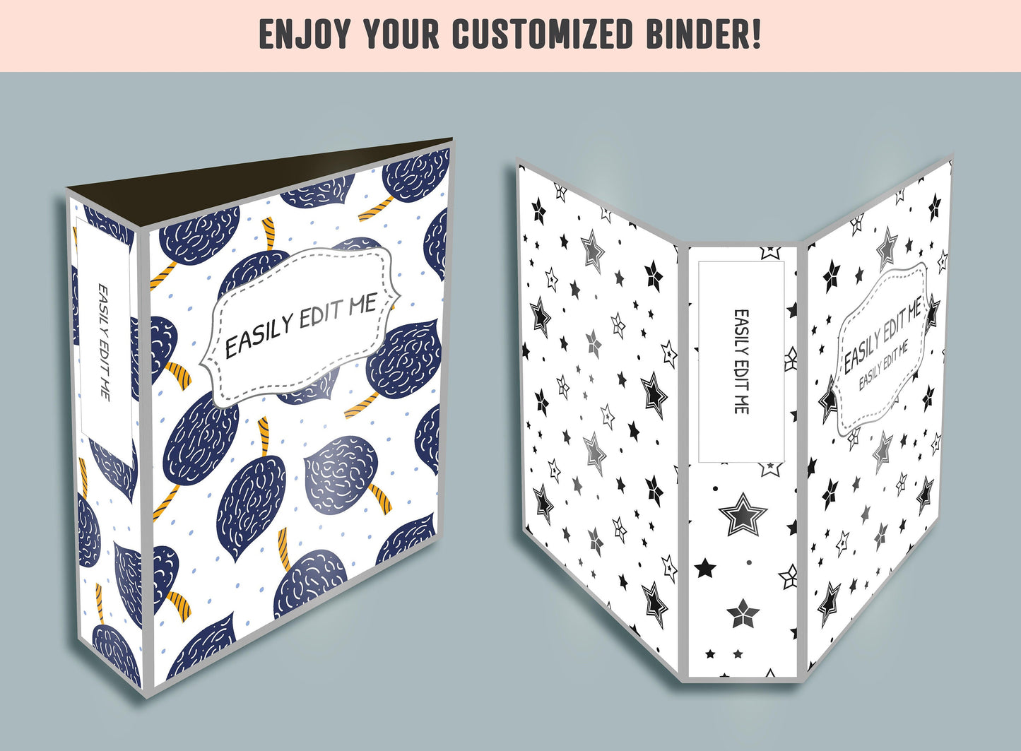 Leaves, Geometric, Monochrome Binder Cover, 10 Printable/Editable Binder Covers+Spines, Planner Template, Teacher/School Binder Label/Insert