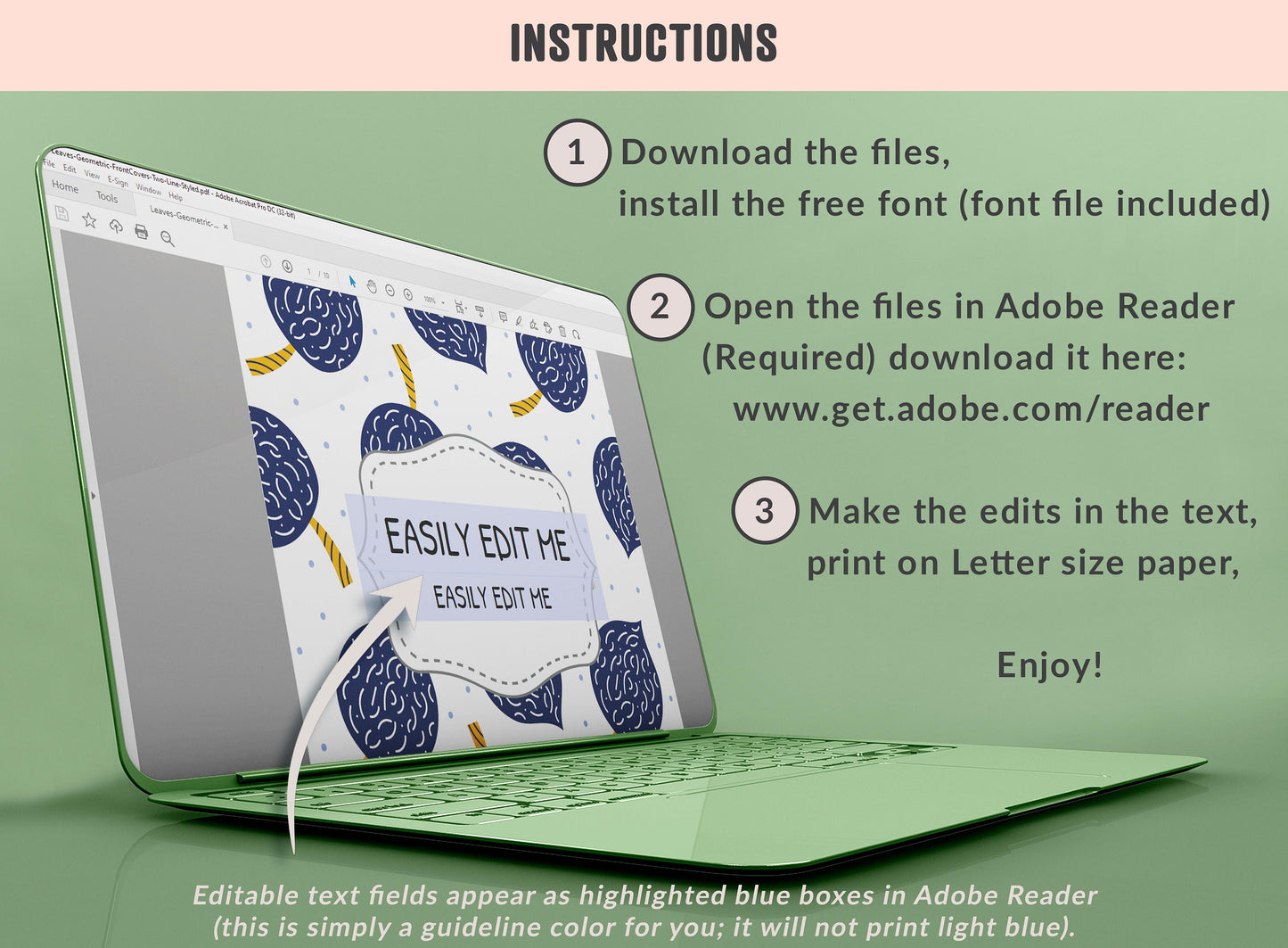Leaves, Geometric, Monochrome Binder Cover, 10 Printable/Editable Binder Covers+Spines, Planner Template, Teacher/School Binder Label/Insert