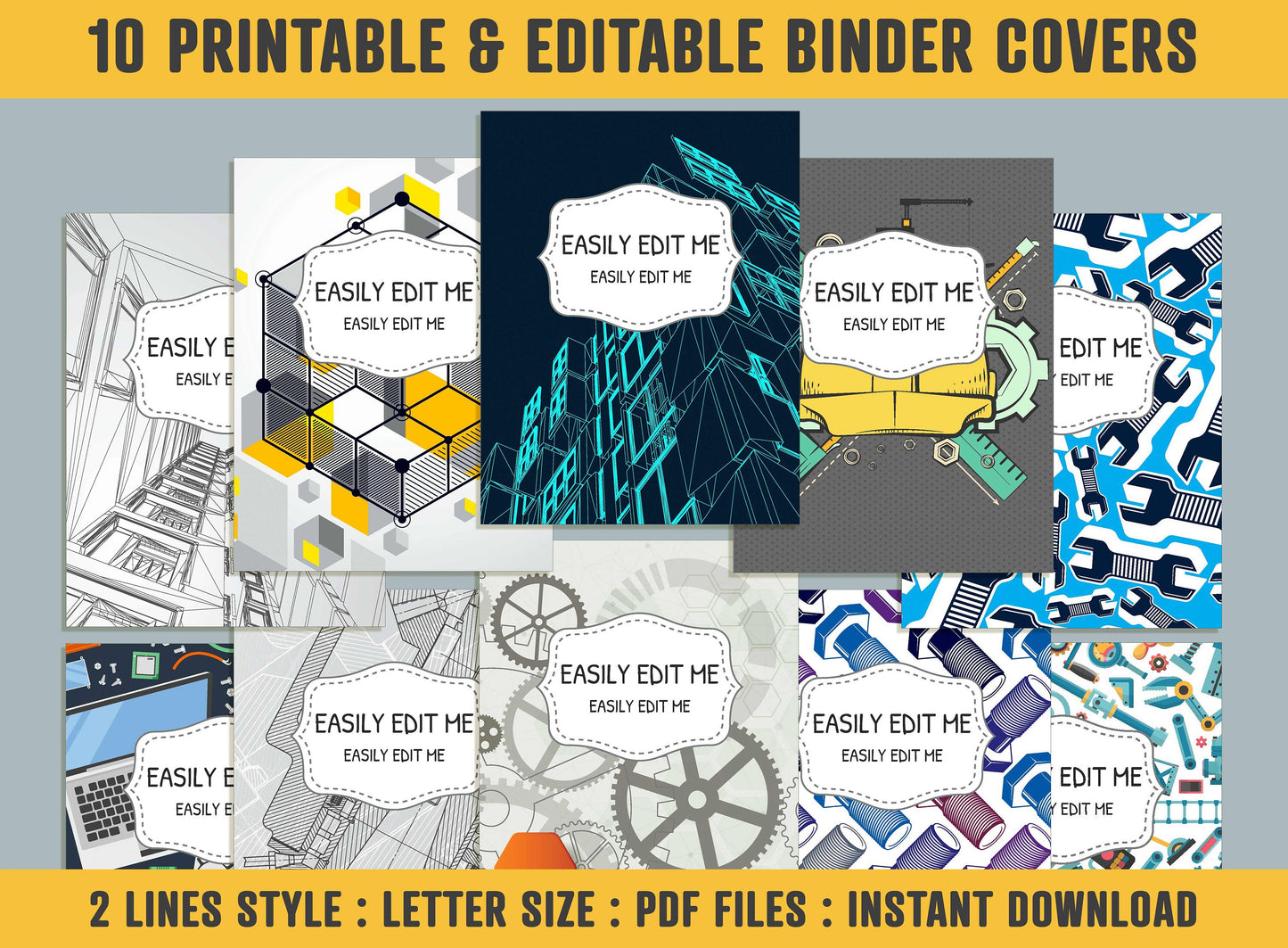 Architecture, Engineer Binder Cover, 10 Printable/Editable Binder Covers+Spines, Tools Planner Template, Teacher/School Binder Label/Insert