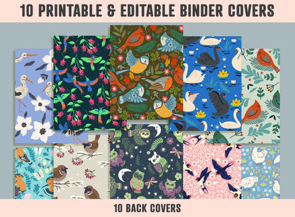 Various Birds Binder Cover, 10 Printable/Editable Binder Covers + Spines, Bird Planner Template, Teacher/School Binder Labels/Inserts