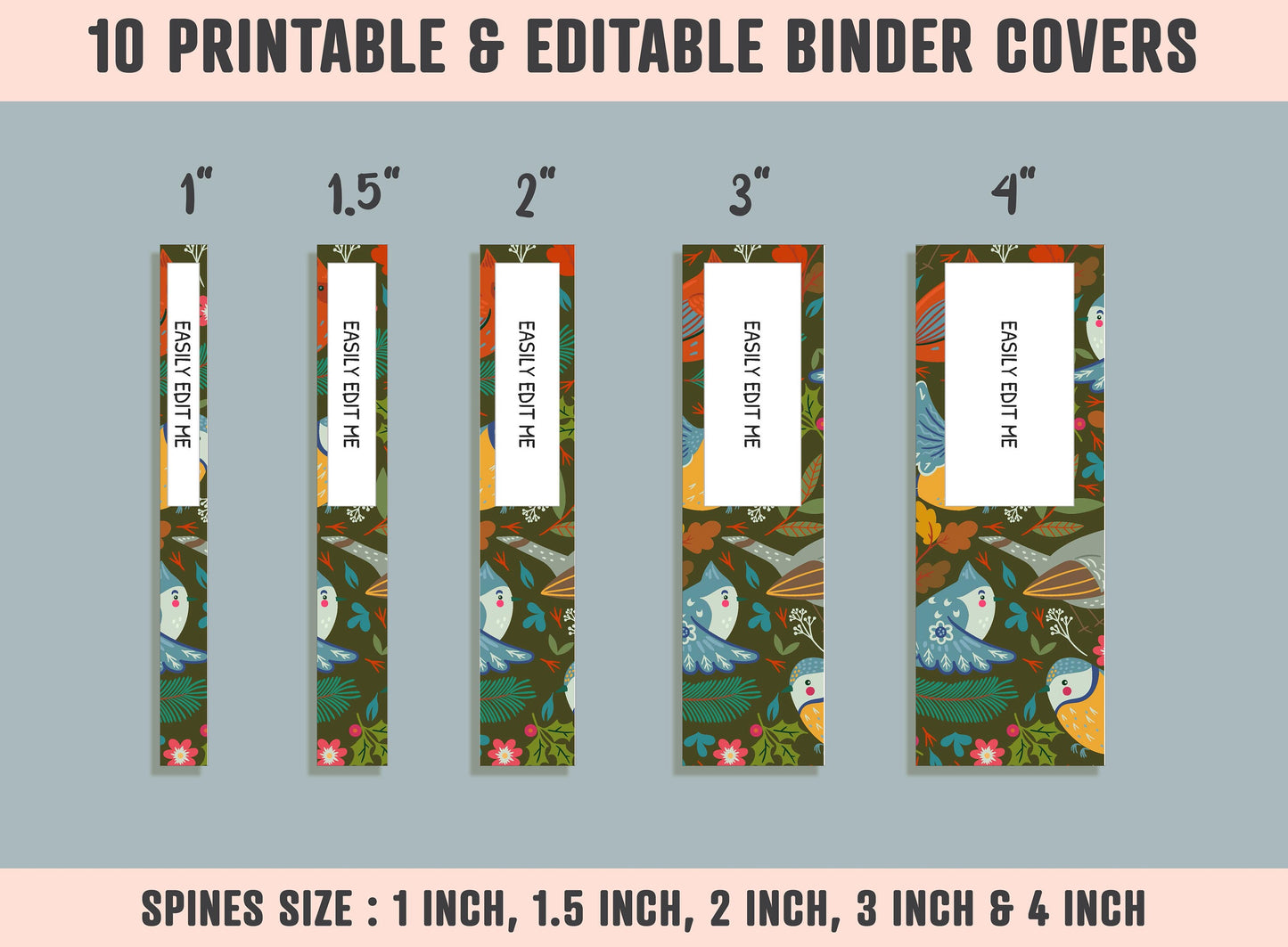 Various Birds Binder Cover, 10 Printable/Editable Binder Covers + Spines, Bird Planner Template, Teacher/School Binder Labels/Inserts