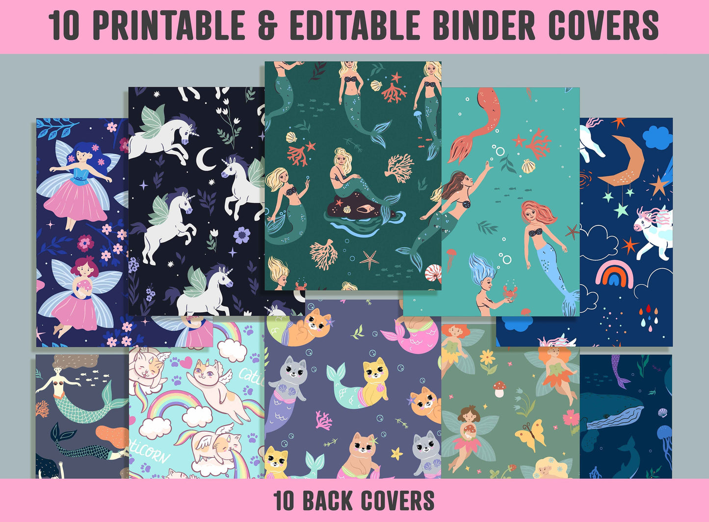 Mermaid Unicorn Fairy Binder Cover, 10 Printable/Editable Binder Covers + Spines, Planner Template, Teacher/School Binder Labels/Inserts