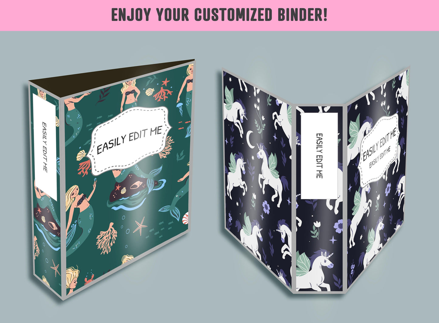 Mermaid Unicorn Fairy Binder Cover, 10 Printable/Editable Binder Covers + Spines, Planner Template, Teacher/School Binder Labels/Inserts