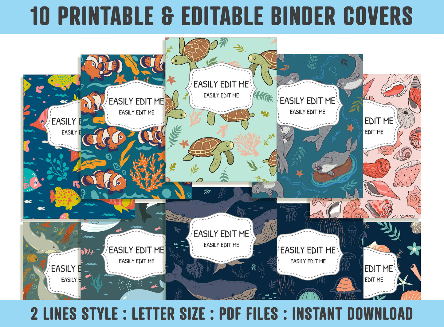 Sea Life Pattern Binder Cover, 10 Printable/Editable Binder Covers+Spines, Ocean Life Planner Template, Teacher/School Binder Labels/Inserts