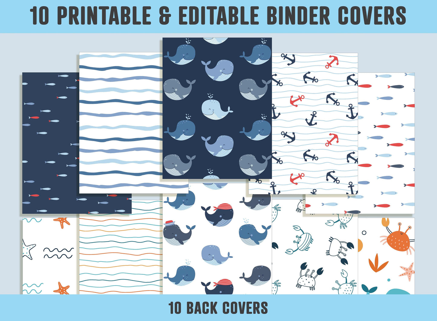 Whales and Waves Binder Cover, 10 Printable/Editable Binder Covers+Spines, Sea Life Planner Template, Teacher/School Binder Label/Insert