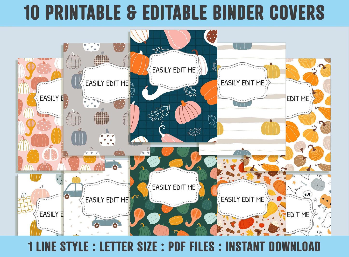 Pumpkins Binder Cover, 10 Printable/Editable Binder Covers+Spines, Halloween Pumpkin Planner Template, Teacher/School Binder Label/Insert