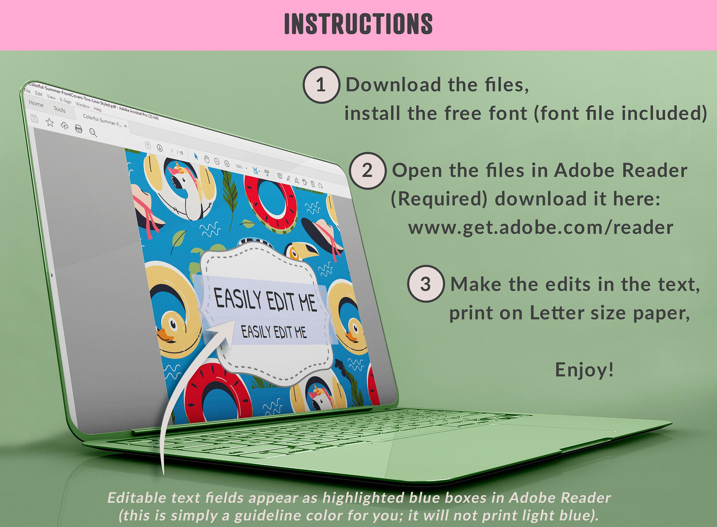 Colorful Summer Binder Cover, 10 Printable/Editable Binder Covers + Spines, Planner Template, Teacher/School Binder Label/Insert
