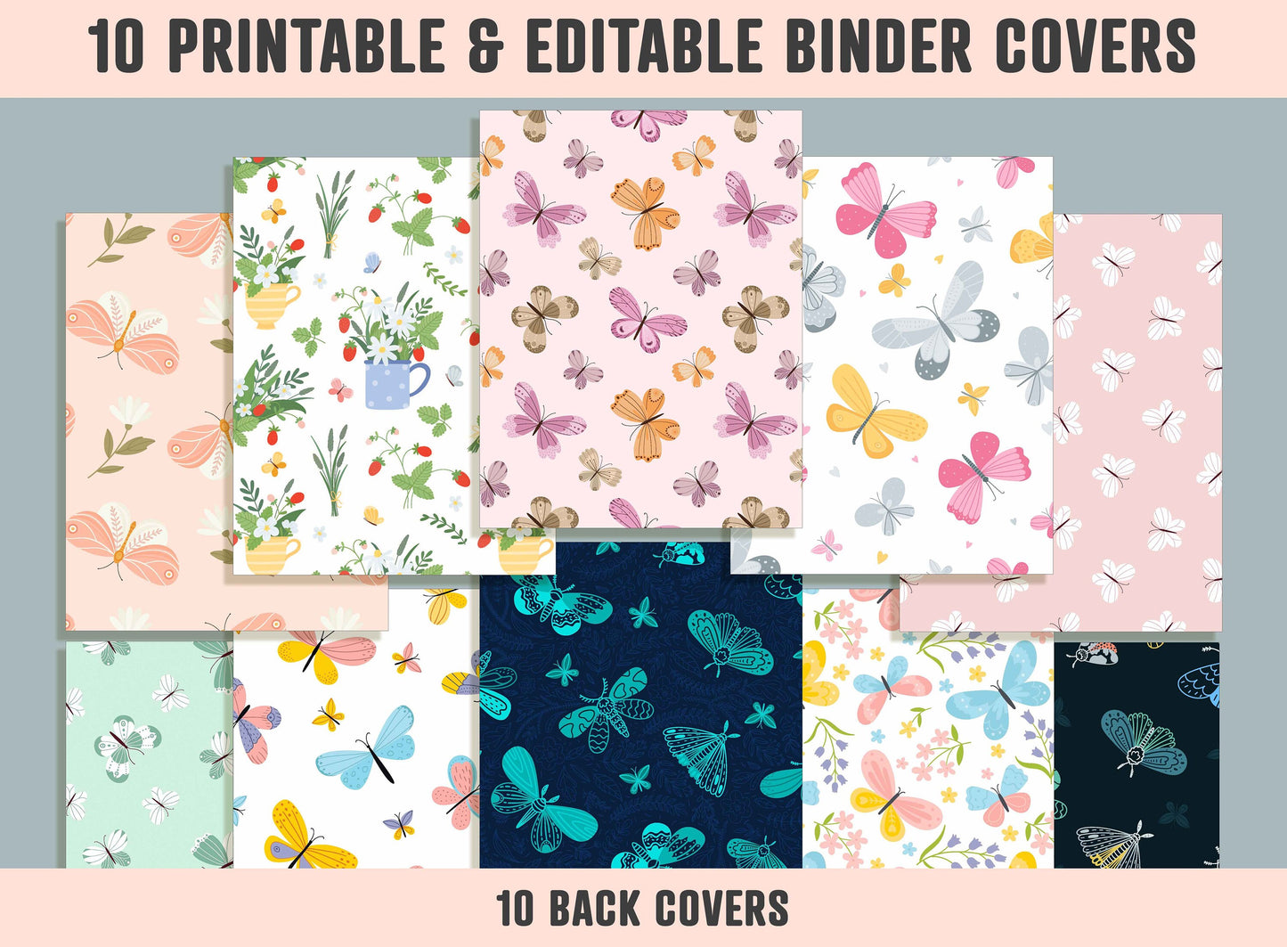 Colorful Butterflies Binder Cover, 10 Printable/Editable Binder Covers+Spines, Butterfly Planner Template Teacher/School Binder Label/Insert
