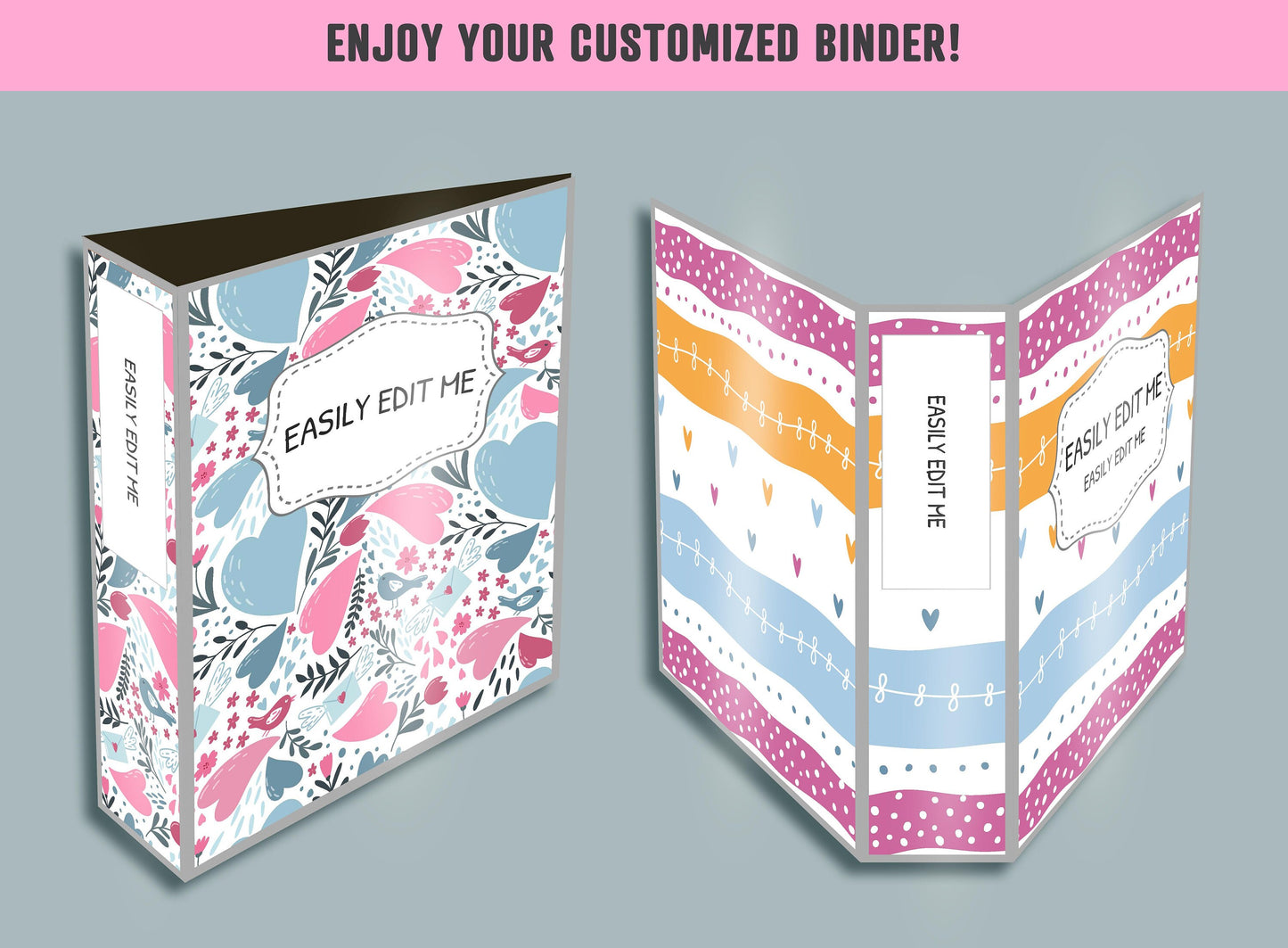 Dots and Hearts Binder Cover, 10 Printable/Editable Binder Covers + Spines, Valentine Planner Template Teacher/School Binder Label/Insert