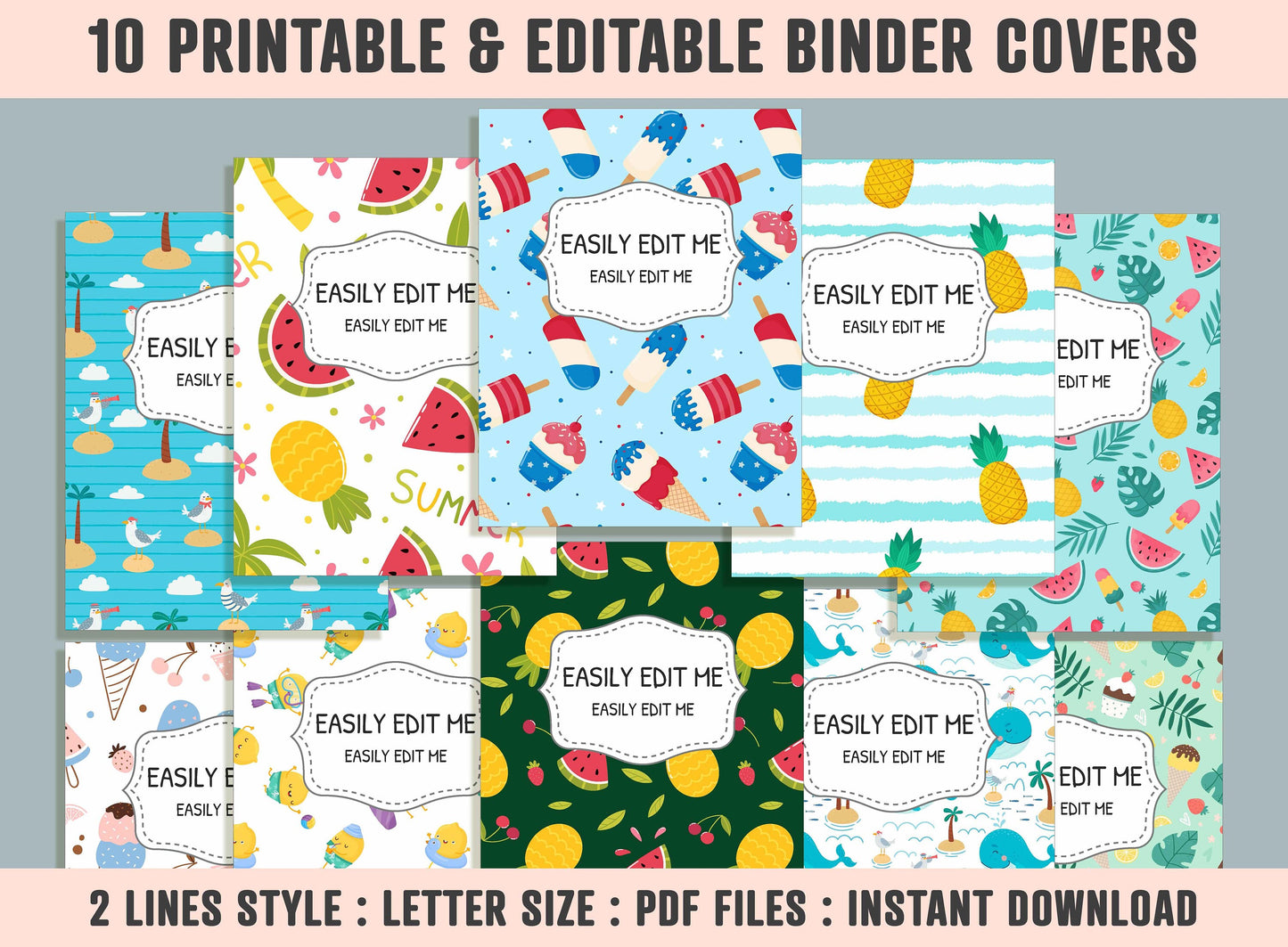 Summer Pattern Binder Cover, 10 Printable/Editable Binder Covers + Spines, Watermelon Planner Template Teacher/School Binder Label/Insert