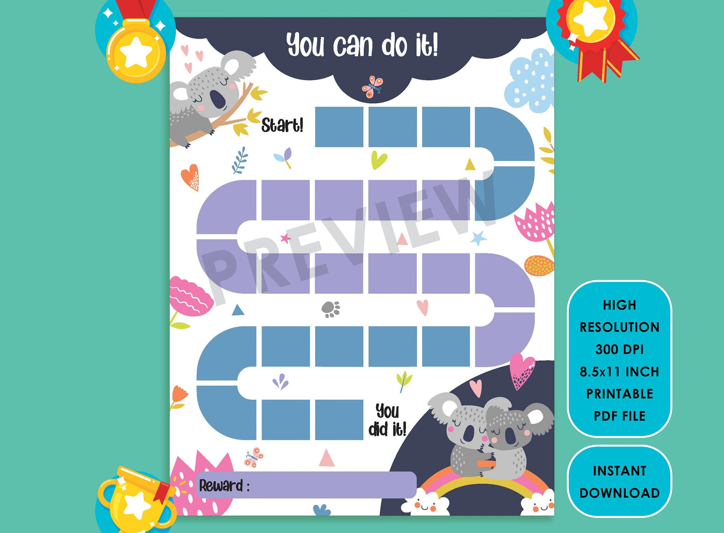 Printable llama Reward Chart, Koala Behavior Chart, Girl Chore Chart, Chore Chart for Kids, Responsibility Chart, Cute Sticker Chart