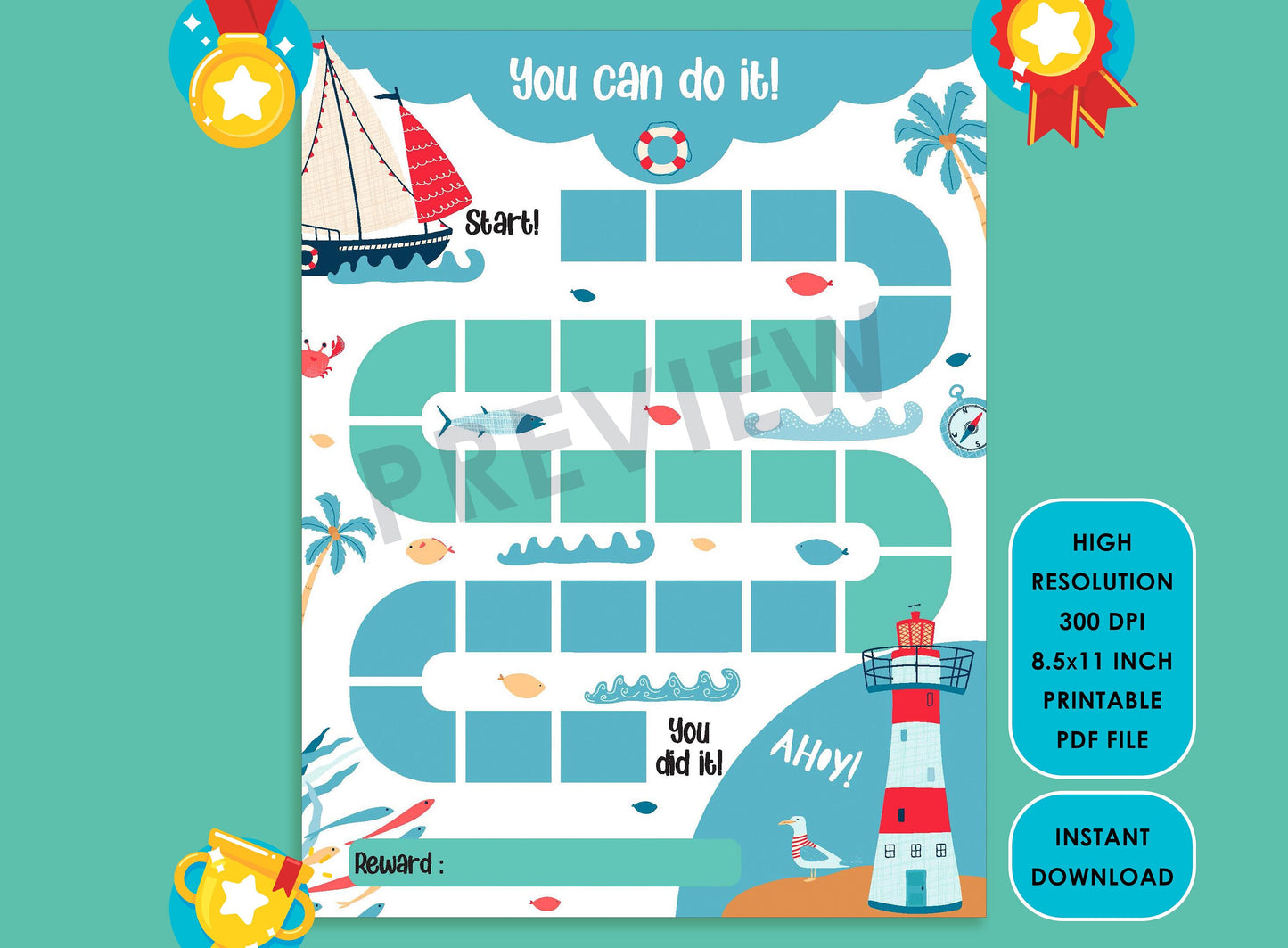 Printable Pirate Reward Chart, Ship/Lighthouse Behavior Chart, Boy Chore Chart, Chore Chart for Kids Responsibility Chart Cute Sticker Chart