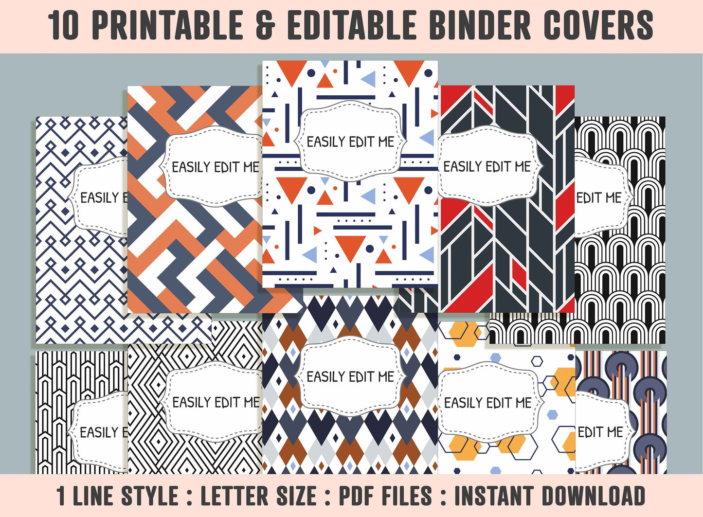 Mixed Geometric Binder Cover, 10 Printable/Editable Binder Covers + Spines, Planner Template, Teacher/School Binder Label/Insert