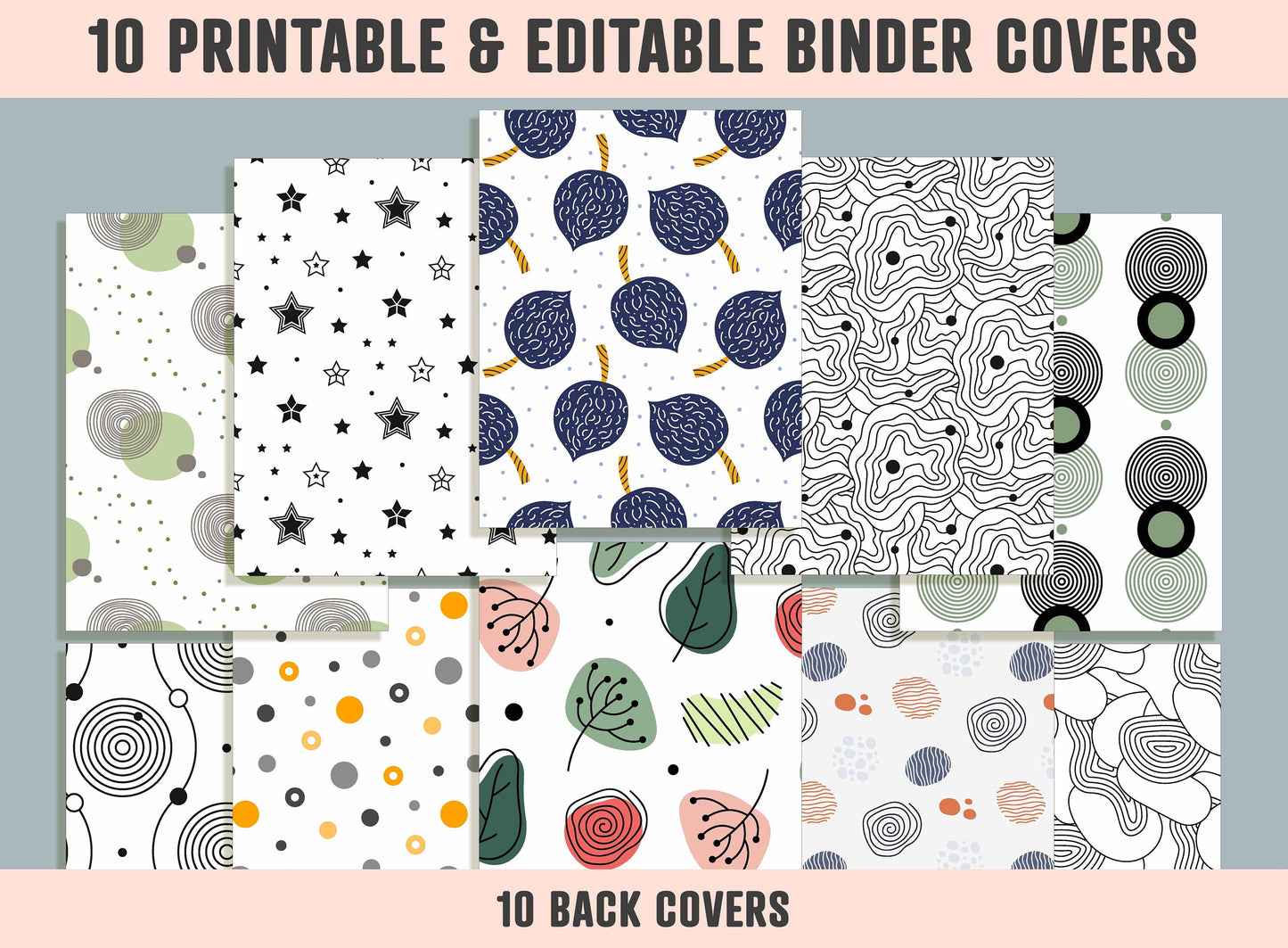 Leaves, Geometric, Monochrome Binder Cover, 10 Printable/Editable Binder Covers+Spines, Planner Template, Teacher/School Binder Label/Insert