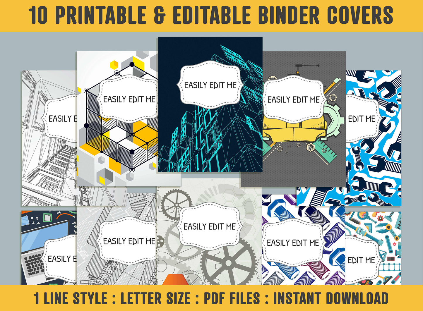 Architecture, Engineer Binder Cover, 10 Printable/Editable Binder Covers+Spines, Tools Planner Template, Teacher/School Binder Label/Insert