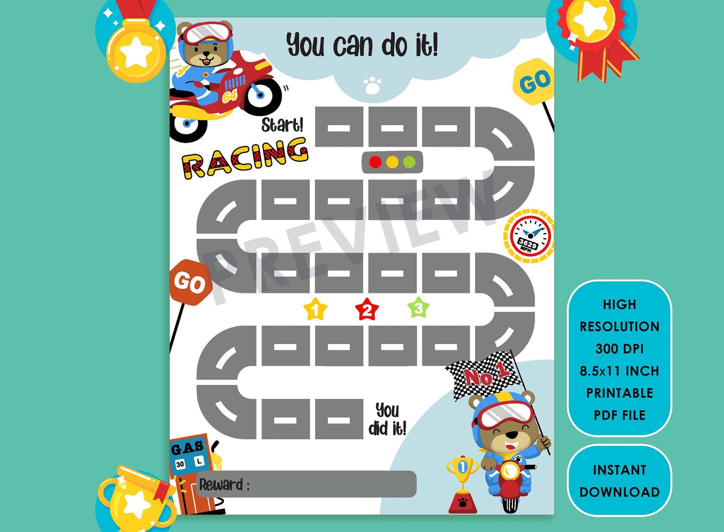 Printable Car Racing Reward Chart, Motorcycle Behavior Chart/Boy Chore Chart, Chore Chart for Kids, Responsibility Chart, Cute Sticker Chart