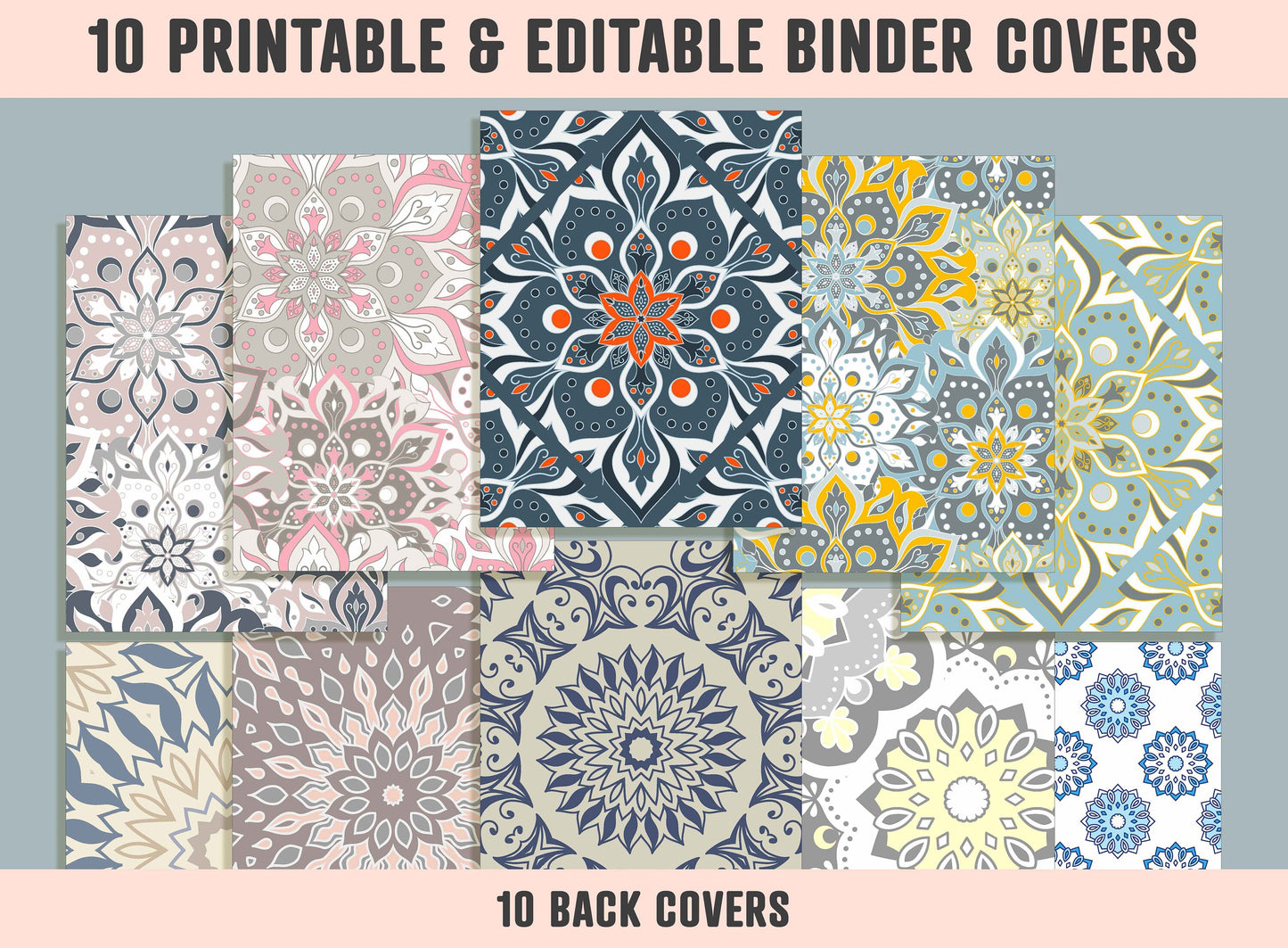 Mandala Binder Cover, 10 Printable/Editable Binder Covers+Spines, Hand Drawn Mandala Planner Template, Teacher/School Binder Label/Insert