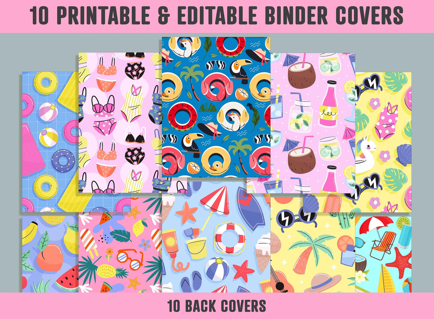 Colorful Summer Binder Cover, 10 Printable/Editable Binder Covers + Spines, Planner Template, Teacher/School Binder Label/Insert
