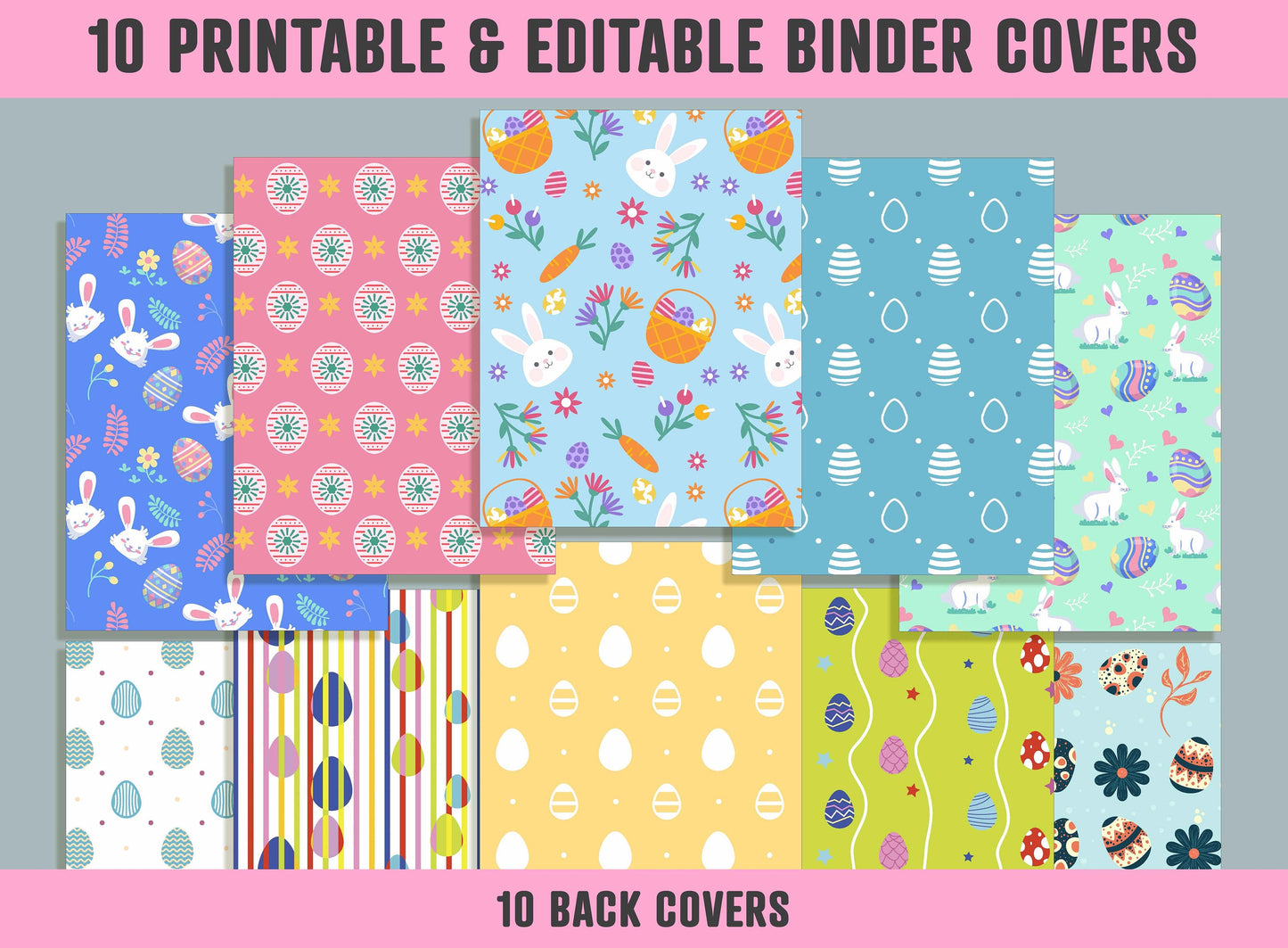 Easter Binder Cover, 10 Printable/Editable Binder Covers + Spines, Easter Eggs/Bunny Planner Template, Teacher/School Binder Label/Insert