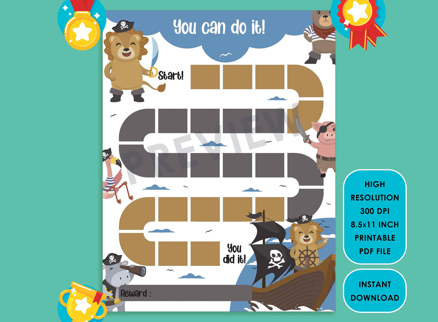 Printable Cute Animals Reward Chart, Pirate Behavior Chart, Boy/Girl Chore Chart, Chore Chart for Kids, Responsibility Chart, Sticker Chart