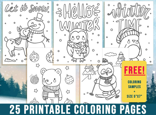 Winter Coloring Pages, Hello Winter Coloring Book for Kids, Christmas Coloring Snow Ski Santa Christmas Tree Free Coloring Samples+Size 5x7"