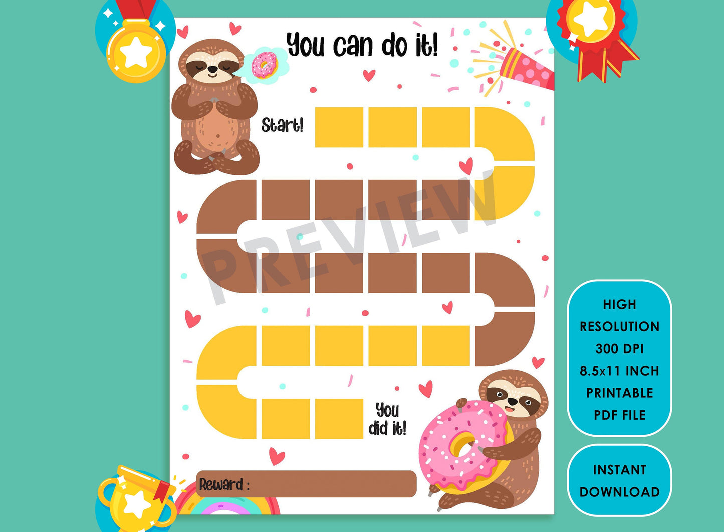 Printable Sloth Reward Chart, Soth in the sky among cloud, star, rainbow, Get your kids organized with their housework with this chore chart