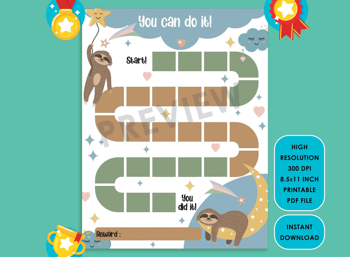 Printable Sloth Reward Chart, Soth in the sky among cloud, star, rainbow, Get your kids organized with their housework with this chore chart