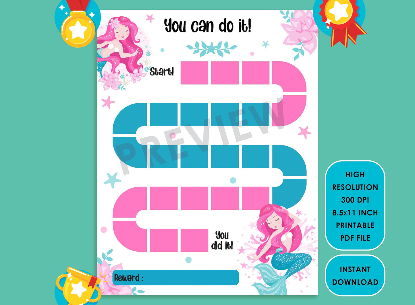 Printable Mermaid Reward Chart, Beautiful mermaid with pink flower/shell, Get your kids organized with their housework with this chore chart