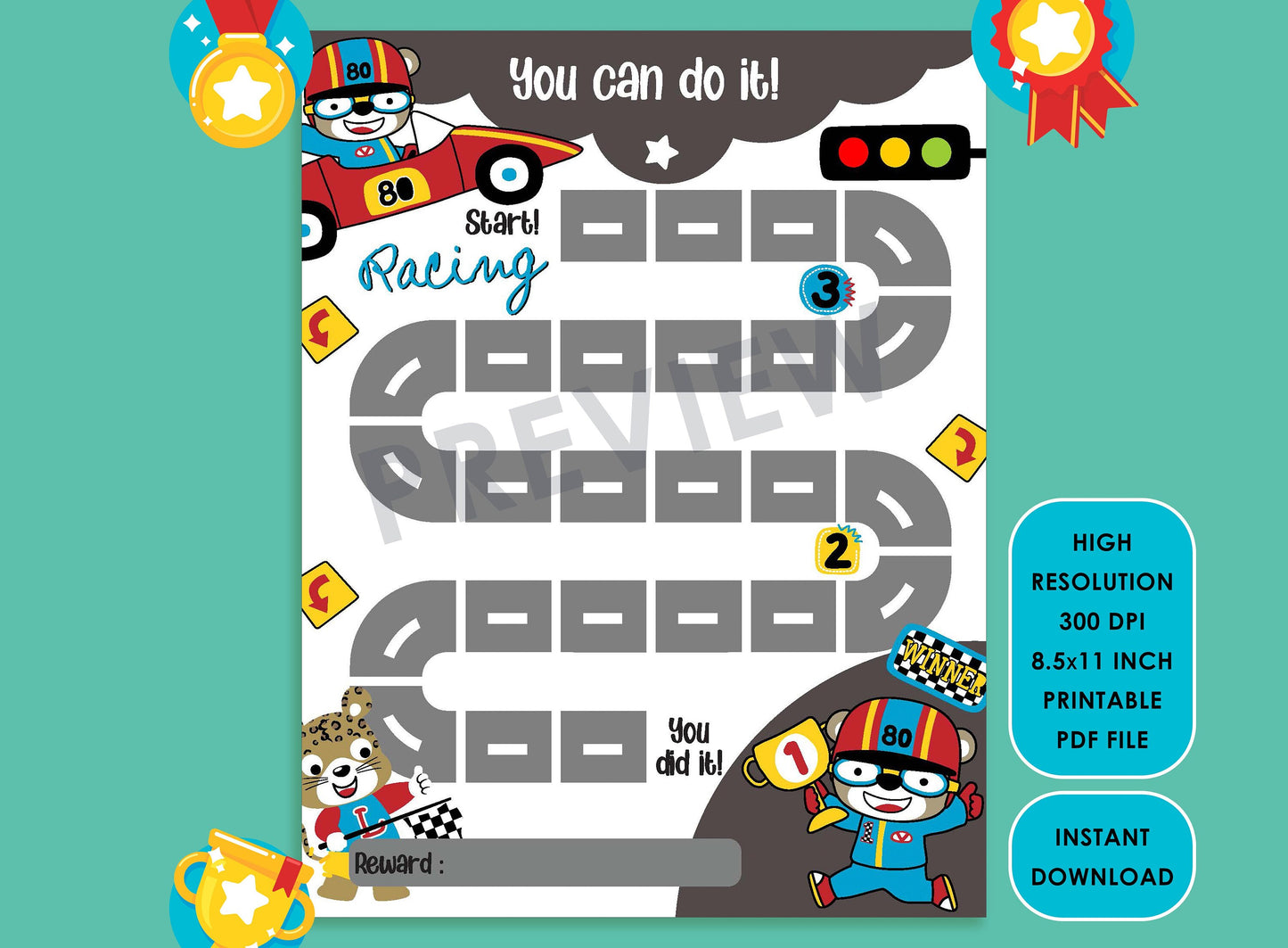 Printable Car Racing Reward Chart, Motorcycle Behavior Chart/Boy Chore Chart, Chore Chart for Kids, Responsibility Chart, Cute Sticker Chart