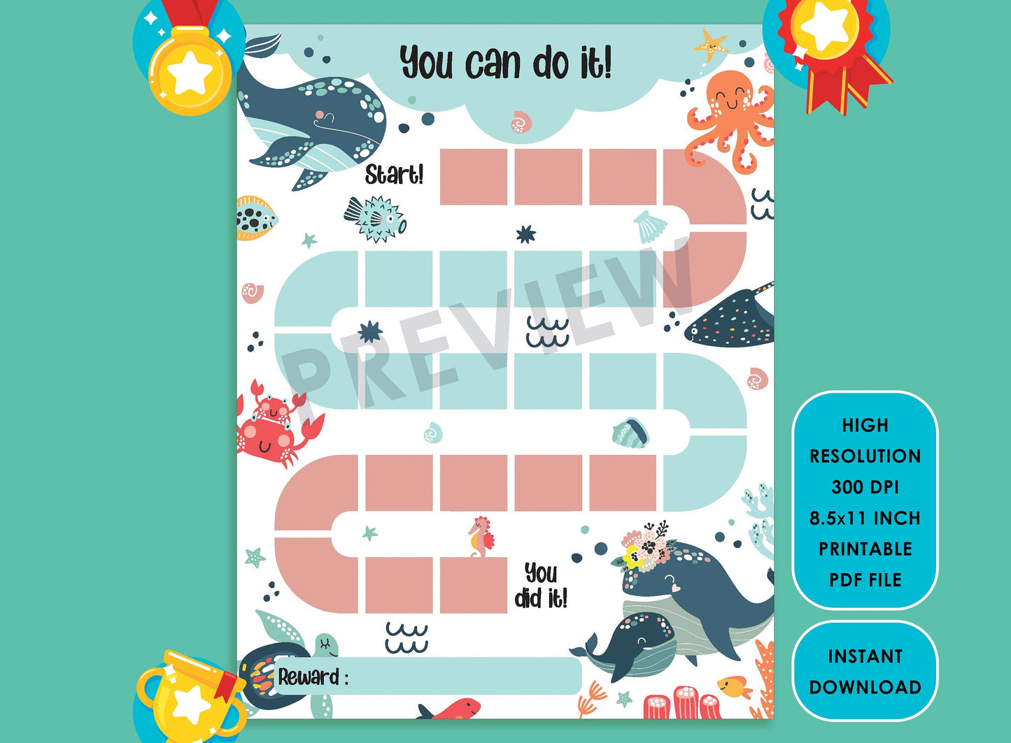 Printable Cute Whale Reward Chart, Sea Life Behavior Chart, Girl & Boy Chore Chart, Chore Chart for Kids, Responsibility Chart Sticker Chart