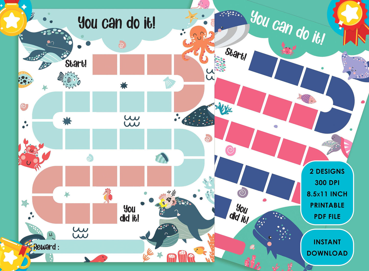 Printable Cute Whale Reward Chart, Sea Life Behavior Chart, Girl & Boy Chore Chart, Chore Chart for Kids, Responsibility Chart Sticker Chart