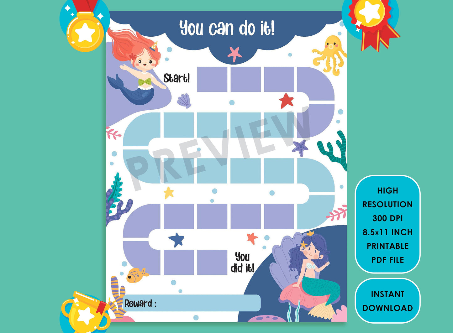 Printable Mermaid Reward Chart, Underwater Life Behavior Chart, Girl Chore Chart, Chore Chart for Kids, Responsibility Chart, Sticker Chart